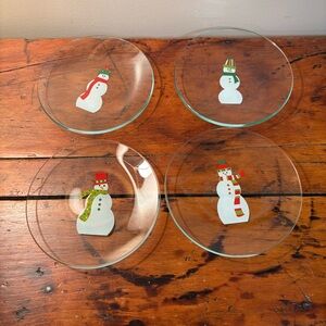 Pampered Chef Festive Snowman Glass Appetizer Plates Set of 4 Holiday